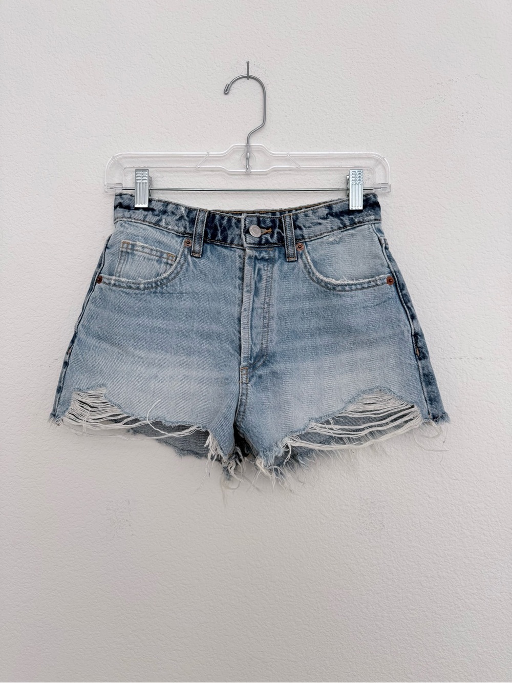 Zara Light Blue Frayed High-Rise Denim Shorts